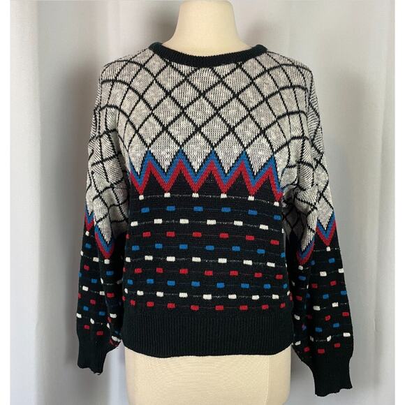 Vintage Sweater Size Petite Medium MP Black White Knit Retro Print 80s Pullover - Picture 15 of 15
